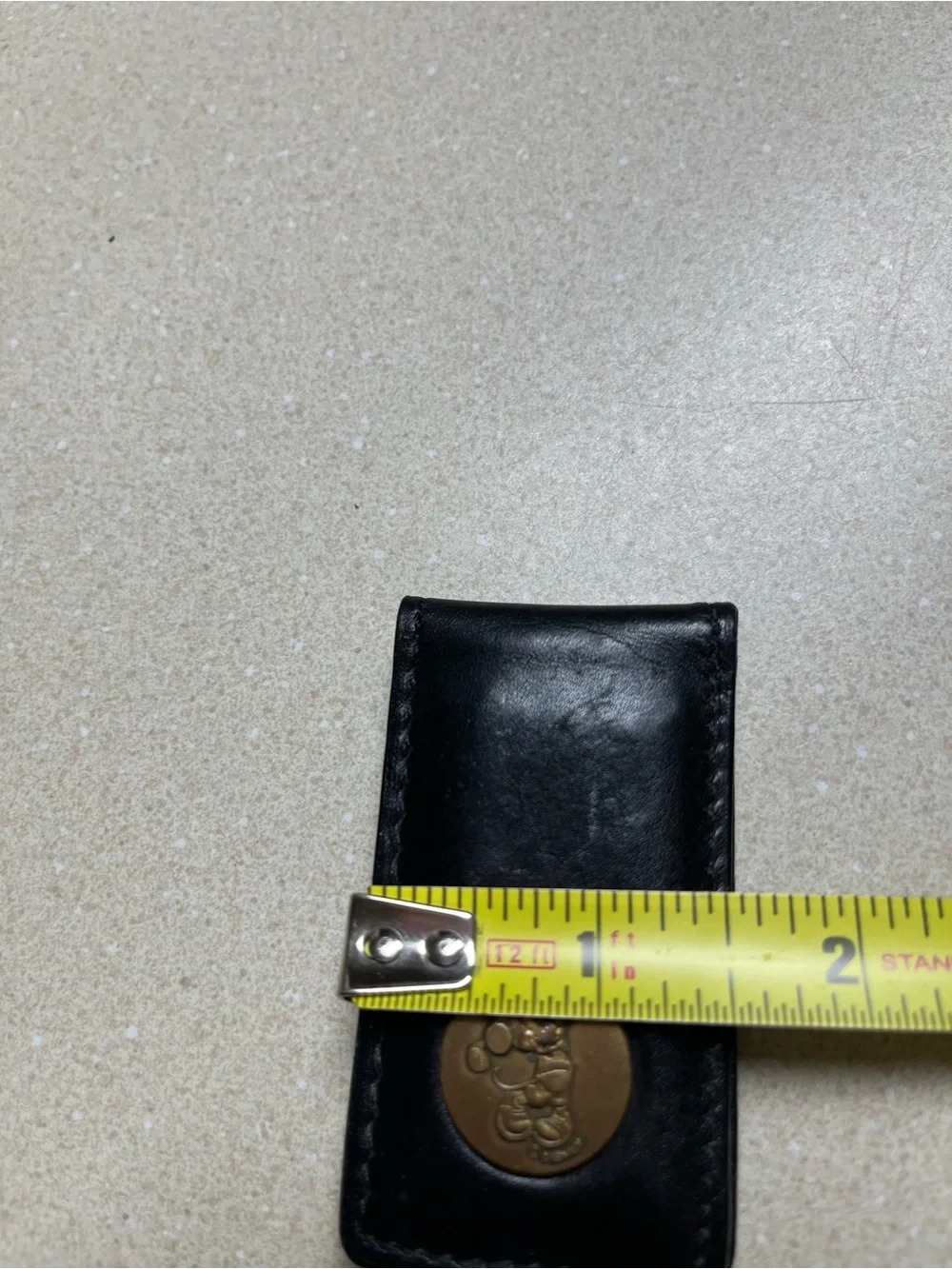 Black Leather Money Clip with Gold Tone Mickey Button